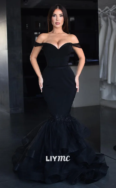 off-shoulder prom dressesLP1143 - Off Shoulder Appliques Mermaid Black Formal Prom Dress