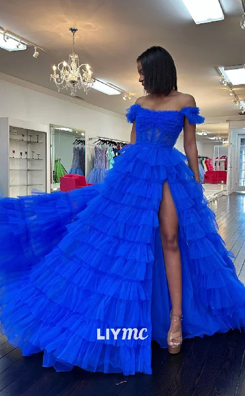 prom dresses with sheer overlaysLP1149 - A Line Off Shoulder Tulle Ruffles Long Formal Prom Dress with Slit