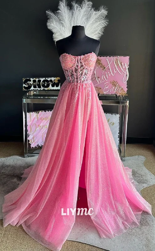 tulle prom dressesLP1160 - A Line Sweetheart Sequins Appliques Pink Long Formal Prom Dress