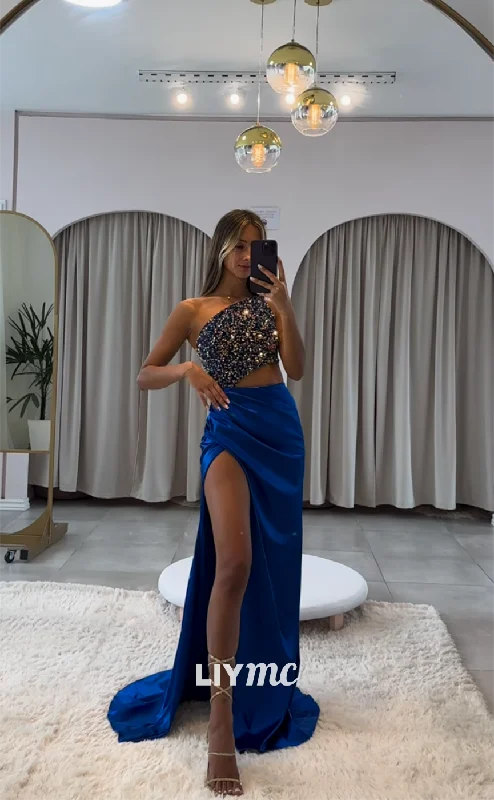 prom dresses for summerLP1175 - One Shoulder Sequins Long Semi Formal Prom Dress with Slit