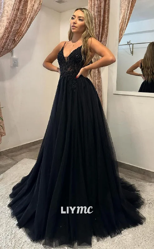 prom dress color trendsLP1177 - A Line V Neck Appliques Black Formal Prom Dress