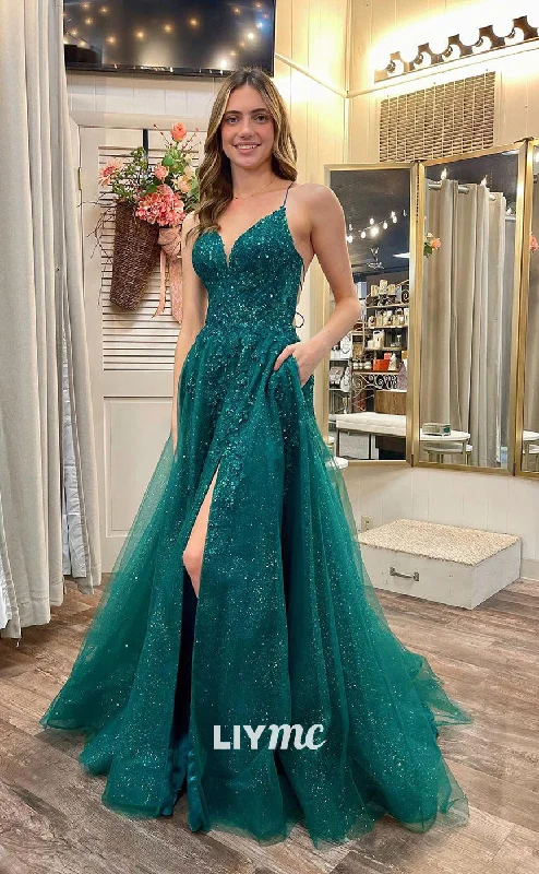 custom prom dressesLP1189 - A Line V Neck Lace Appliques Long Formal Prom Dress with Pockets