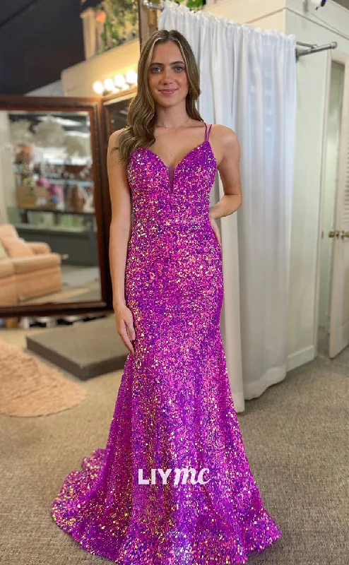 high-slit prom dressesLP1194 - Spaghetti Straps Fully Sequins Sparkly Formal Prom Dress