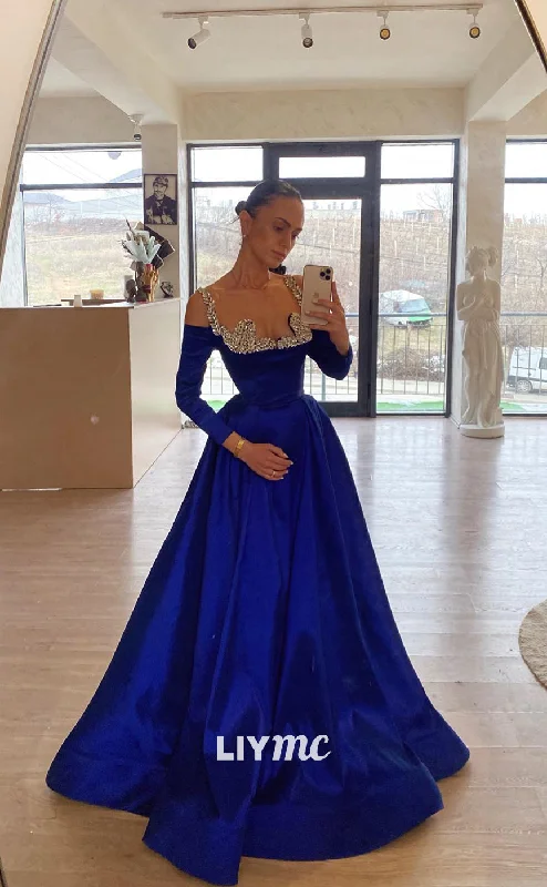 prom dresses for summerLP1207 - Scoop Beaded Gown A-Line Long Sleeve Prom Dresses with Satin