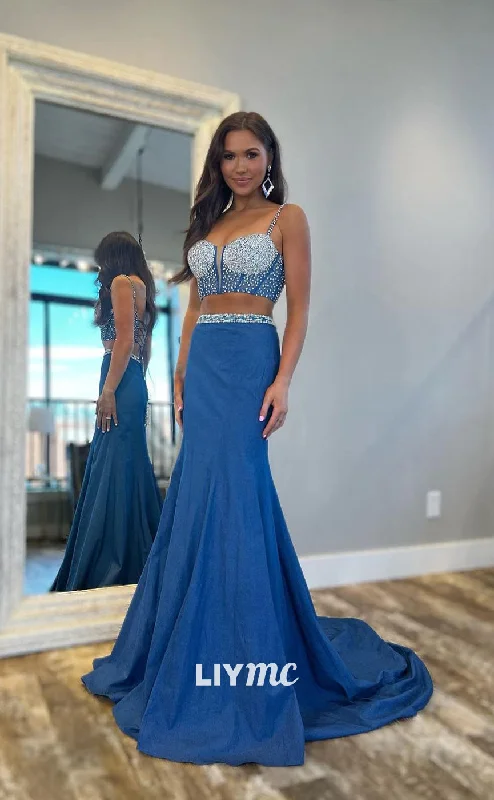 prom dress color trendsLP1216 - Sexy Blue Square Backless Beaded Two-Piece Prom Dresses