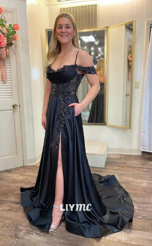 illusion sleeve prom dressesLP182 - A Line Scoop Lace Appliques Black Semi Formal Prom Dress with Pockets