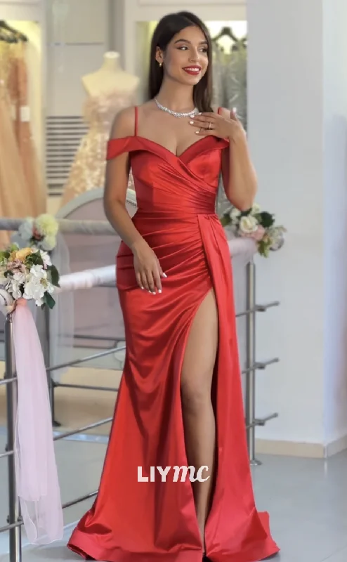 plus-size prom dressesLP1991 - V-Neck Spaghetti Straps Ruched Sleek Satin High Slit Prom Dress