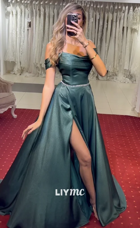 A-line prom dressesLP1997 - Off-Shoulder Pleated Sleek Satin Side Slit A-Line Prom Dress