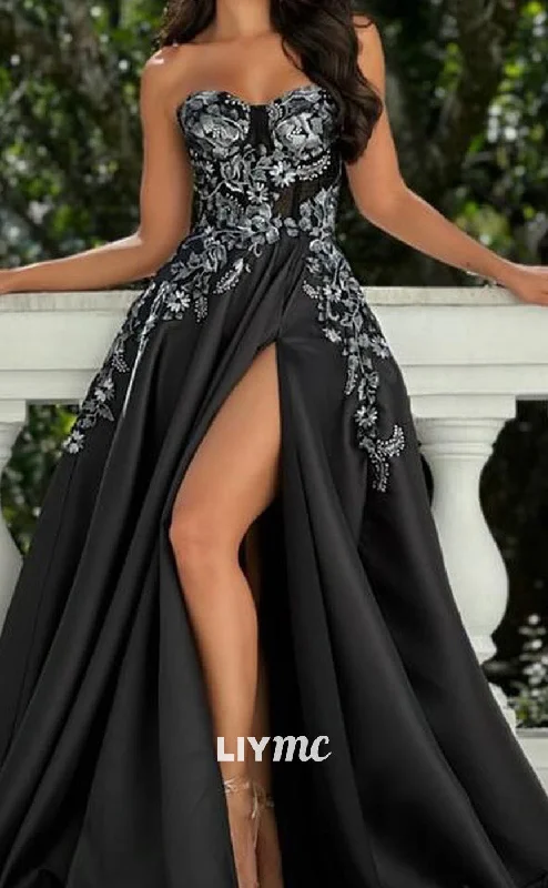 illusion sleeve prom dressesLP2003 - Sweetheart Floral Appliques A-Line Side Slit Prom Dress