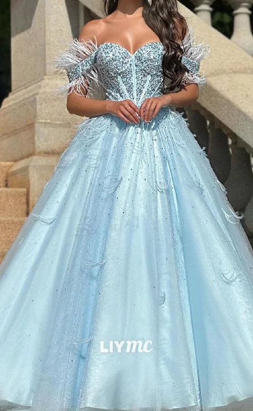 short prom dressesLP2010 - Sweetheart Puff Sleeves Beaded Feathered Ball Gown Prom Dress