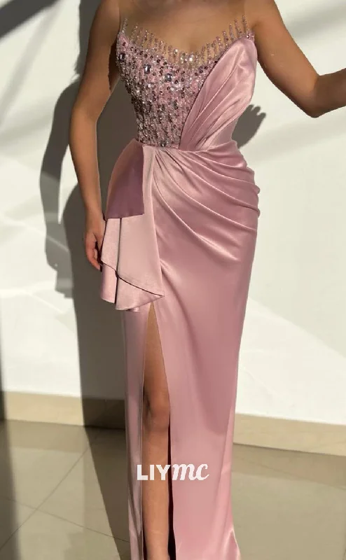 prom dress preservationLP2027 - Scoop Sleeveless Beaded Pleated High Slit Side Slit Prom Dress