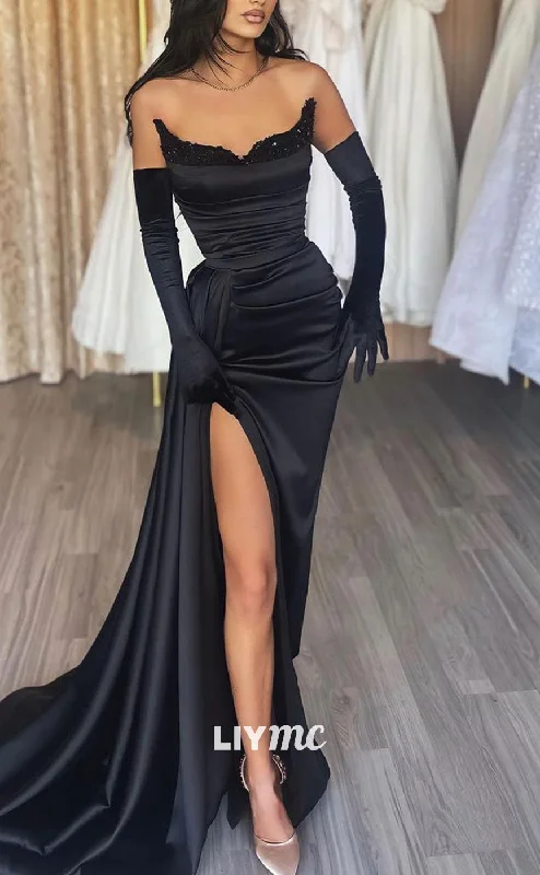 prom dresses with illusion panelsLP2029 - V-Neck Long Sleeves Sleek Satin Fitted High Slit Prom Dress