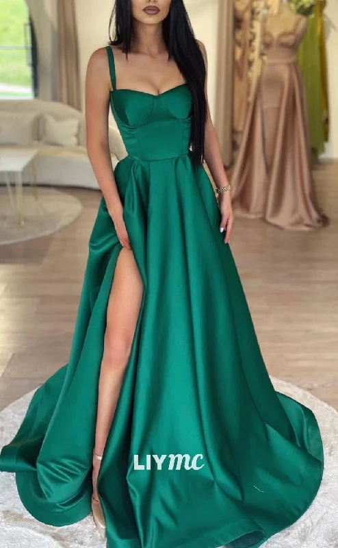 lace-up prom dressesLP2046 - Sweetheart Straps Sleek Satin Side Slit A-Line Prom Dress