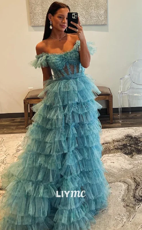 budget-friendly prom dressesLP2052 - Off-Shoulder Strapless Sheer Tiered Tulle A-Line Ball Gown Prom Dress