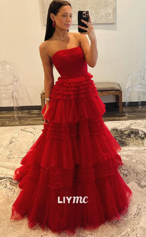 empire waist prom dressesLP2054 - Straight Across Sleeveless A-Line Tulle Tiered Ball Gown Prom Dress