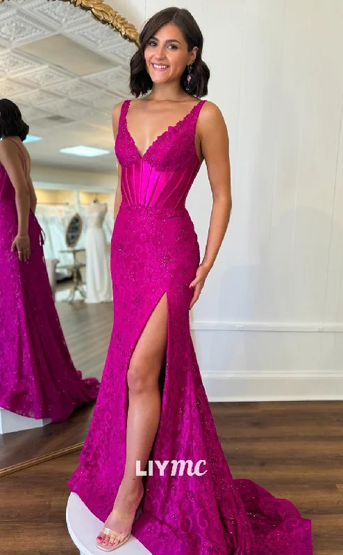 prom dress try-on ideasLP2064 - V-Neck Sleeveless Appliques Side Slit Sexy Prom Dress