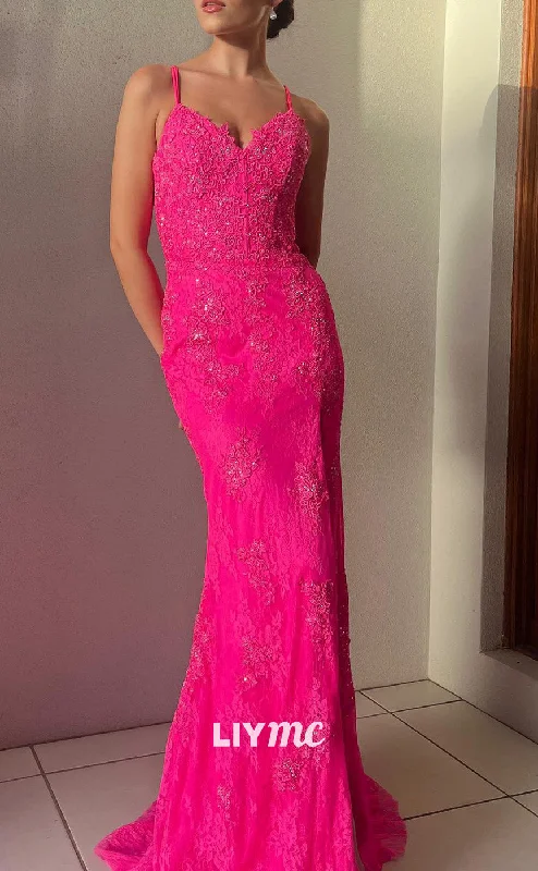 prom dresses with lace appliquésLP2070 - V-Neck Sleeveless Open Back Appliques Side Slit Prom Dress