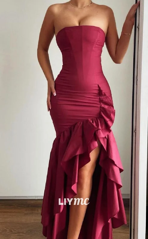 bespoke prom dressesLP2085 - Straight Across Sleeveless Ruffled Fitted Sleek Stin Sexy Prom Dress