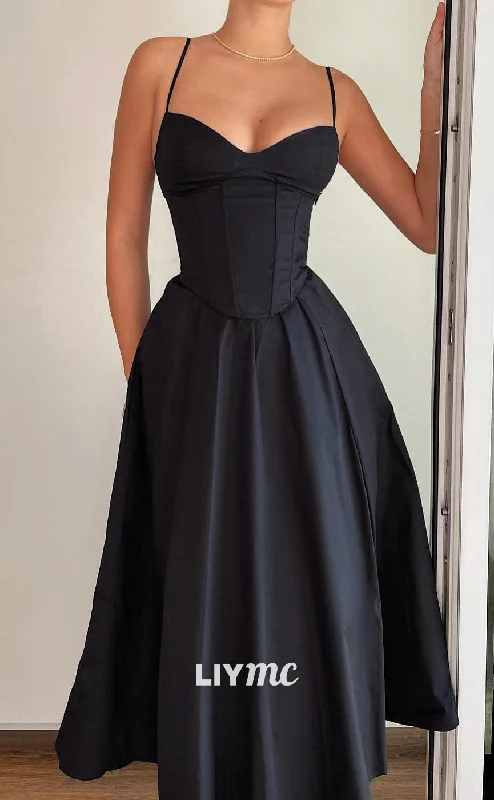 illusion sleeve prom dressesLP2090 - Sweetheart Spaghetti Straps Sleek Pleated A-Line Black Prom Dress