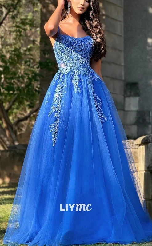 chiffon prom dressesLP2093 - Scoop Spaghetti Straps Appliques Tulle A-Line Ball Gown Prom Dress