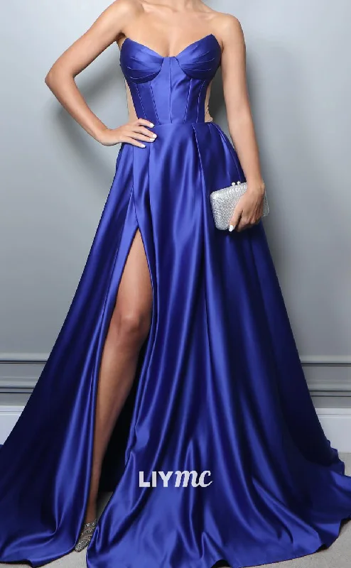 classic prom dressesLP2097 - V-Neck Strapless Pleated Side Slit A-Line Prom Dress