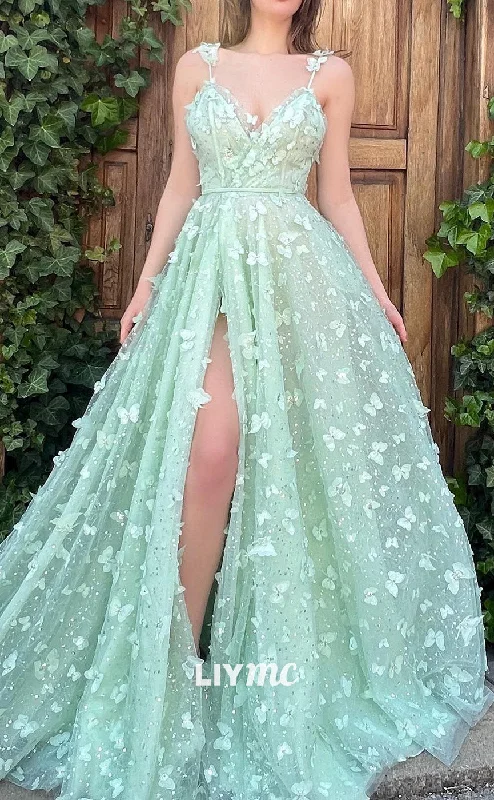 prom dress shopping tipsLP2101 - V-Neck Spaghetti Straps Floral Side Slit A-Line Prom Dress