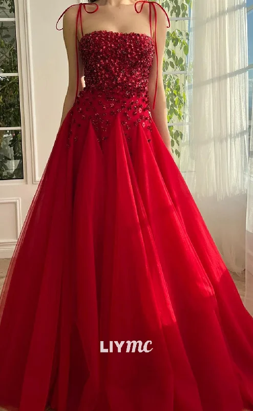 prom dresses for summerLP2103 - Straight Across Spaghetti Straps Floral Tiered Tulle A-Line Prom Dress