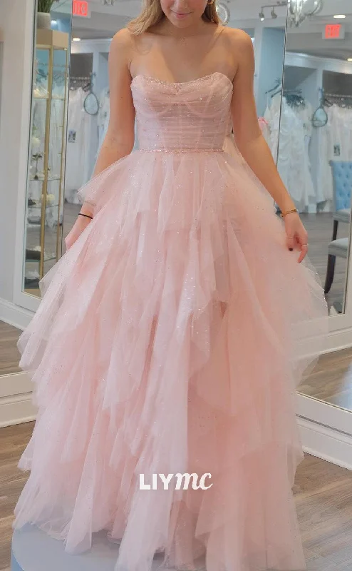 prom dresses with trainsLP2139 - Sweetheart Sleeveless Tulle Tiered Ball Gown Cute Prom Dress