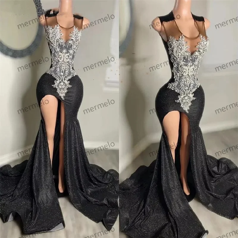 prom dresses with pocketsGlitter Black Lace Mermaid Prom Dresses Beading Side Split