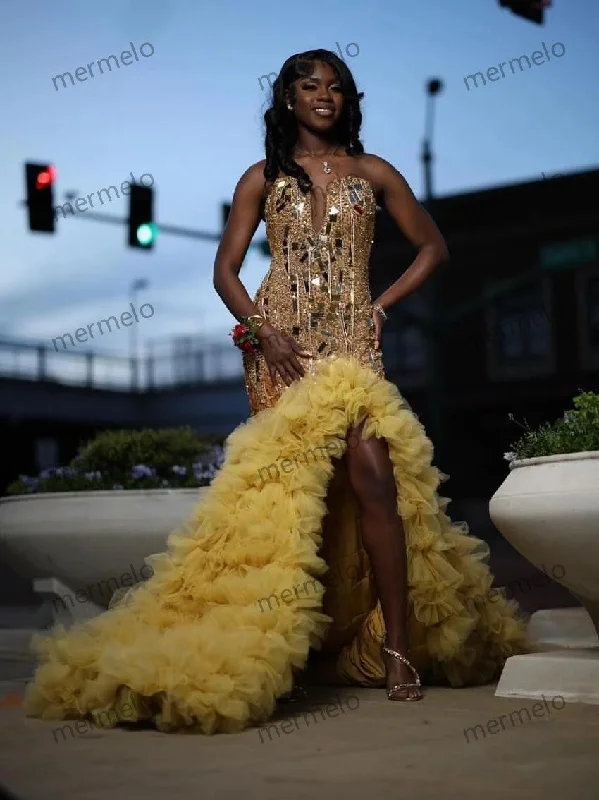 prom dress fitting adviceGold Diamonds Mermaid Ruffles High Slit Prom Dress For Black Girls