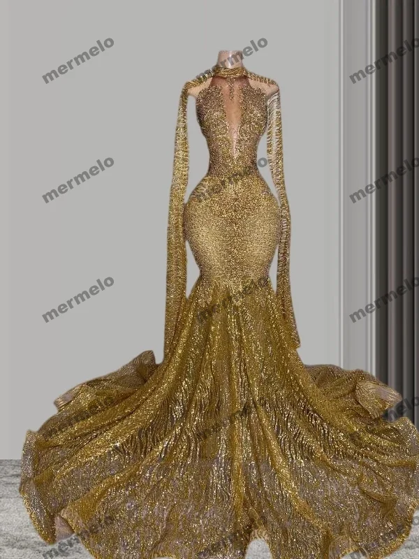 mid-length prom dressesGold Mermaid Prom Awards Show Dress with Cape Cloak Crystal Beaded Sequins Glitter Mesh Red Carpet Gown For Women