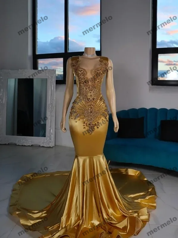 spaghetti strap prom dressesGold Satin Mermaid Prom Dress For Women Glitter Diamante Applique Skinny