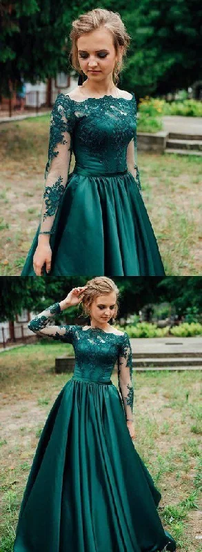 dark prom dressesGreen Satin Long Sleeve Lace Prom Dress, Green Lace Formal Dress      S696