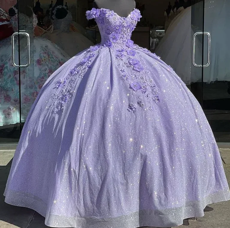 prom dresses with pocketsLavender Ball Gown Off The Shoulder Prom Dress With 3D Flowers    S603