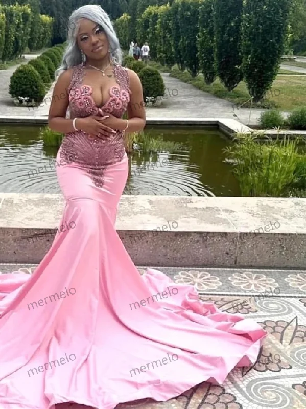 open-back prom dressesLuxury Glitter Pink Mermaid Prom Dress For Black Girls Silver Crystal