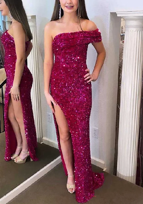 prom dresses for winterMermaid/Trumpet Off-The-Shoulder Sleeveless Long Prom Dresses With Sequins Split Side