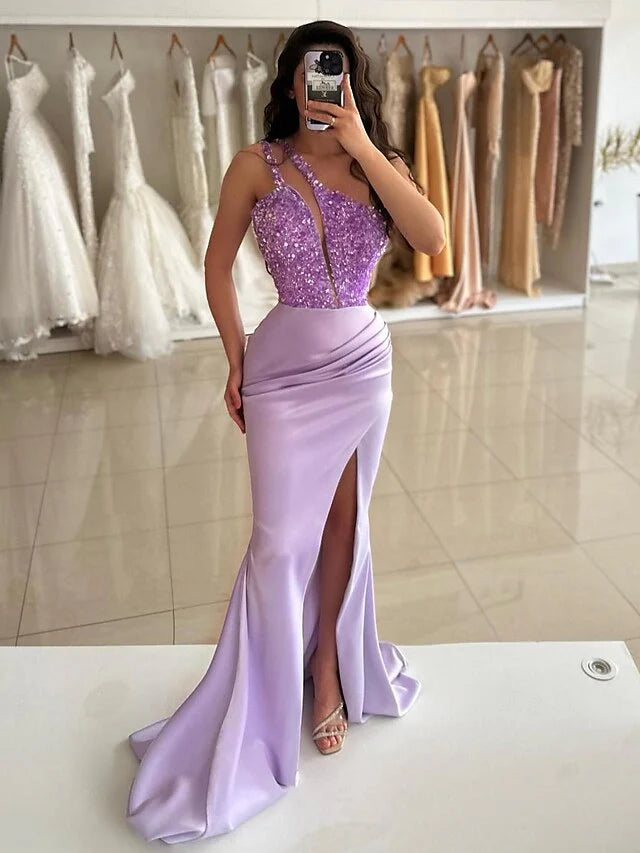 prom dress inspiration galleriesMermaid/Trumpet One-Shoulder Sleeveless Floor-Length Long Prom Dresses With Sequins