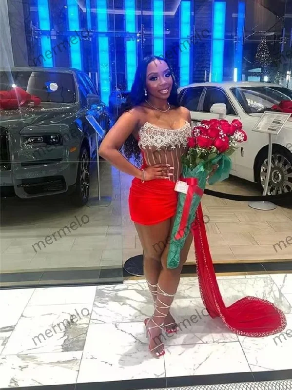 prom dresses with floral embroideryRed Velvet Strapless Short Prom Dresses