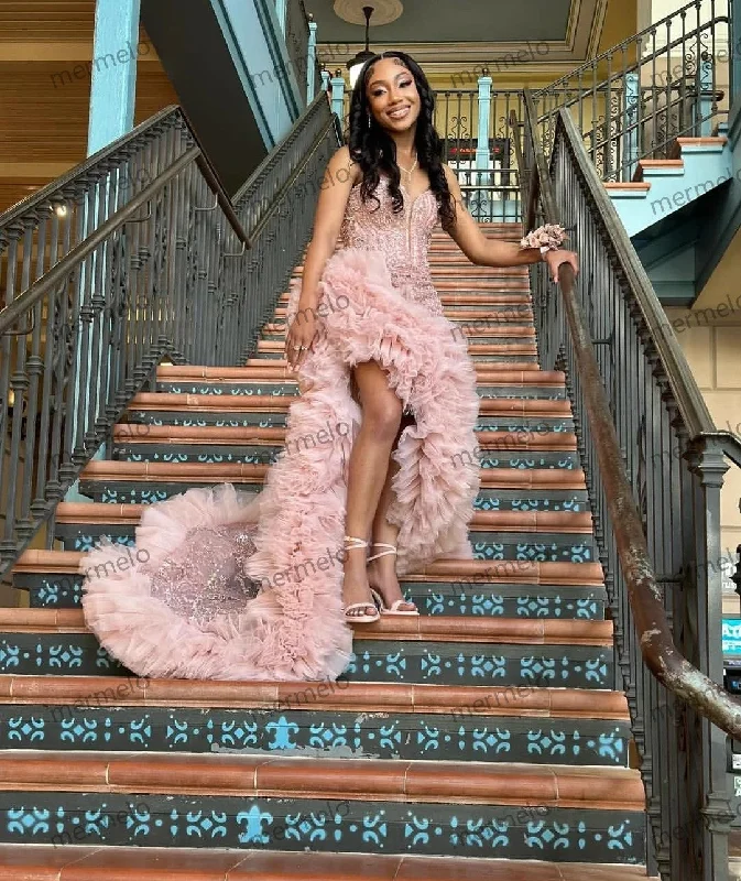 prom dresses with trainsRose Pink Ruffles Prom Dress For Black Girls Crystals Diamond Rhinestone Beaded High Slit