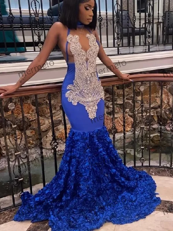 beaded prom dressesRoyal Blue Mermaid Prom Dress Flowers Train Silver Diamonds