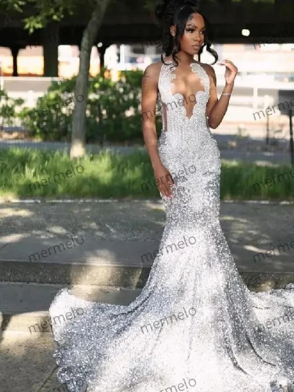 classic prom dressesSexy Diamond Silver Mermaid Prom Formal Dress Black Girl Sparkly