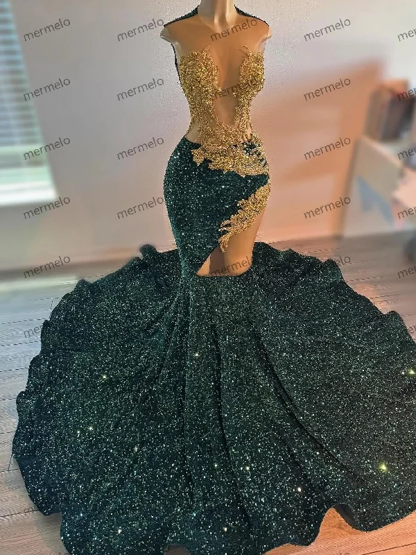 pastel prom dressesSexy Emerald Green Sequins Rhinestones Prom Dress For Black Girl