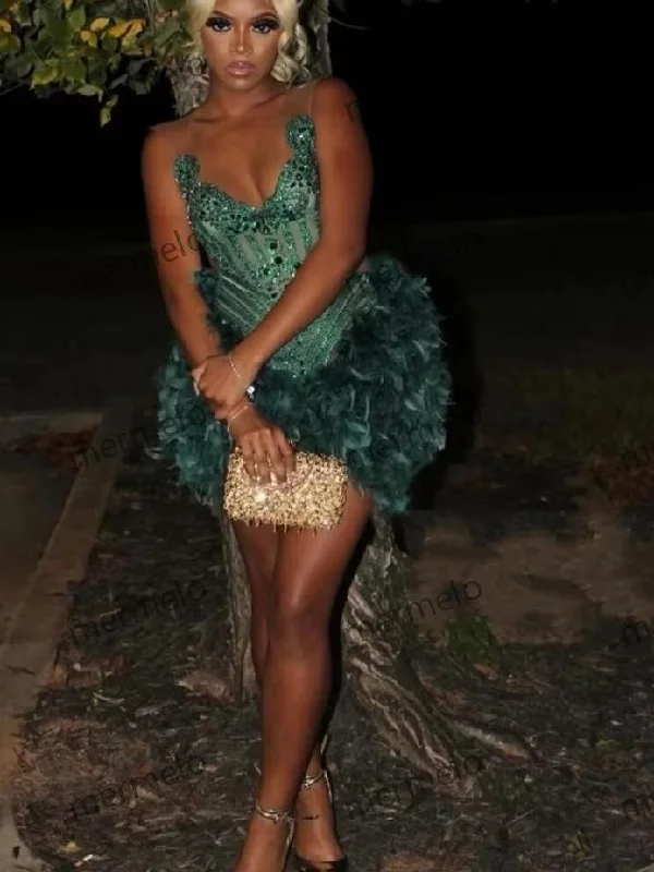 sparkly prom dressesSexy Green Short Prom Dress For Black Girls Beaded Crystal Feathers