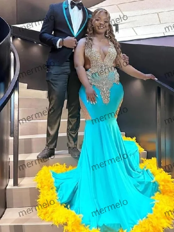 bodycon prom dressesSexy Green Yellow Feather Prom Dress For Black Girls