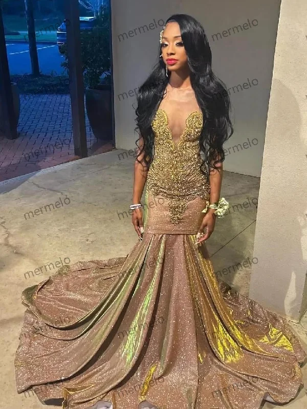 flowy prom dressesShiny Gold Sequins Mermaid Prom Dress Beaded Rhinestone For Black Girls