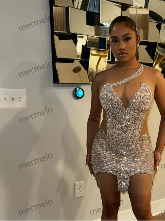 prom dresses for short girlsSilver Rhinestone Unique Mermaid Prom Dress Black girl See Thru