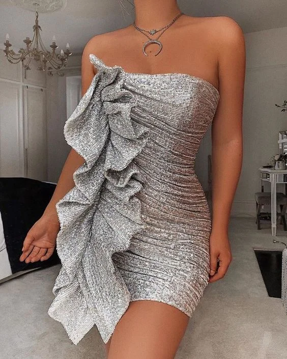 illusion sleeve prom dressesSummer New Arrival Sexy Strapless Ruffles Short Style Sequined Prom Dress     S792