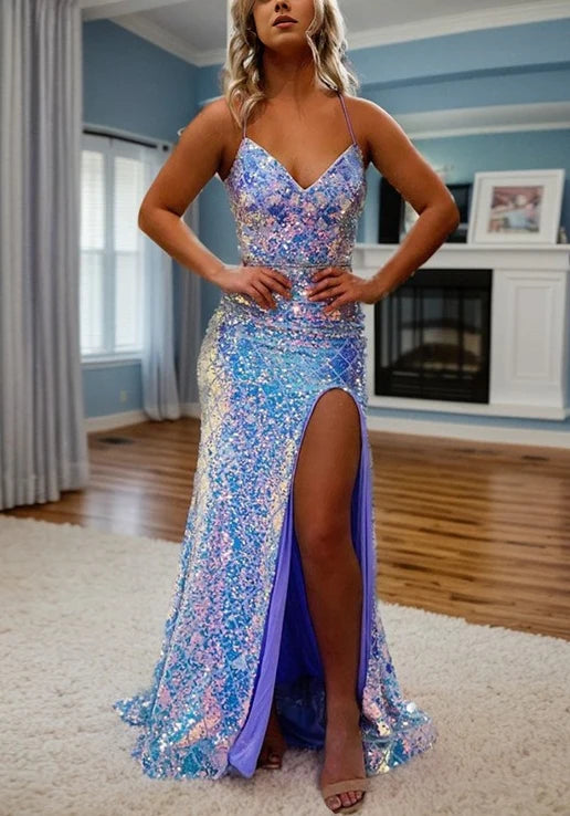 prom dresses with floral embroideryTrumpet/Mermaid Spaghetti Straps V-Neck Sleeveless Floor-Length Long Prom Dresses With Split Side